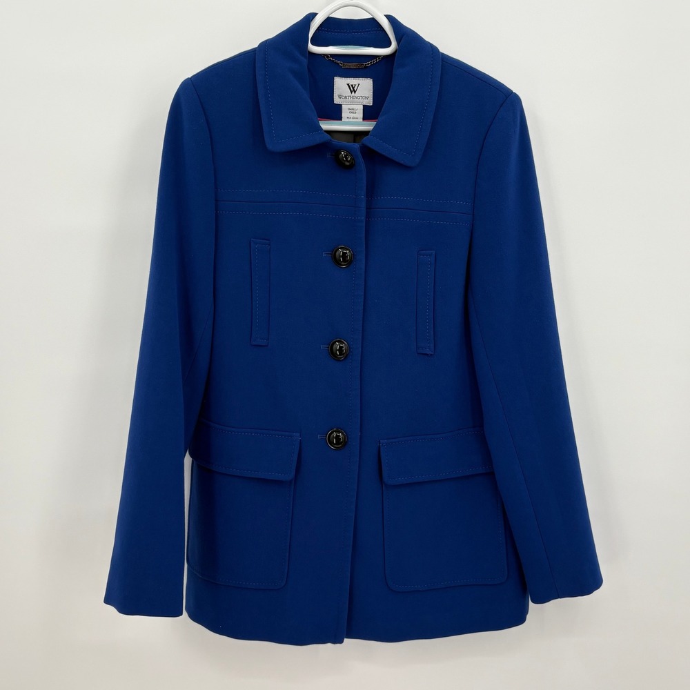 Worthington Womens Royal Blue Button Front‎ Coat Jacket Small Pea Coat